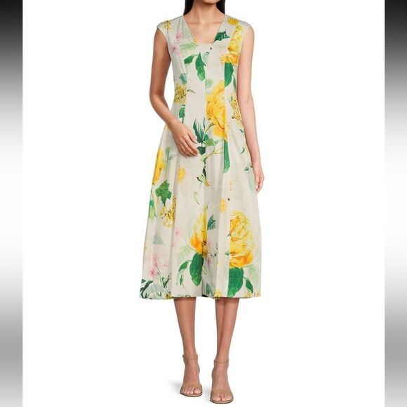 Karl Lagerfeld NWT Cap Sleeve Yellow Floral V Neck Midi A-Line Dress Size 12 New - Picture 1 of 7